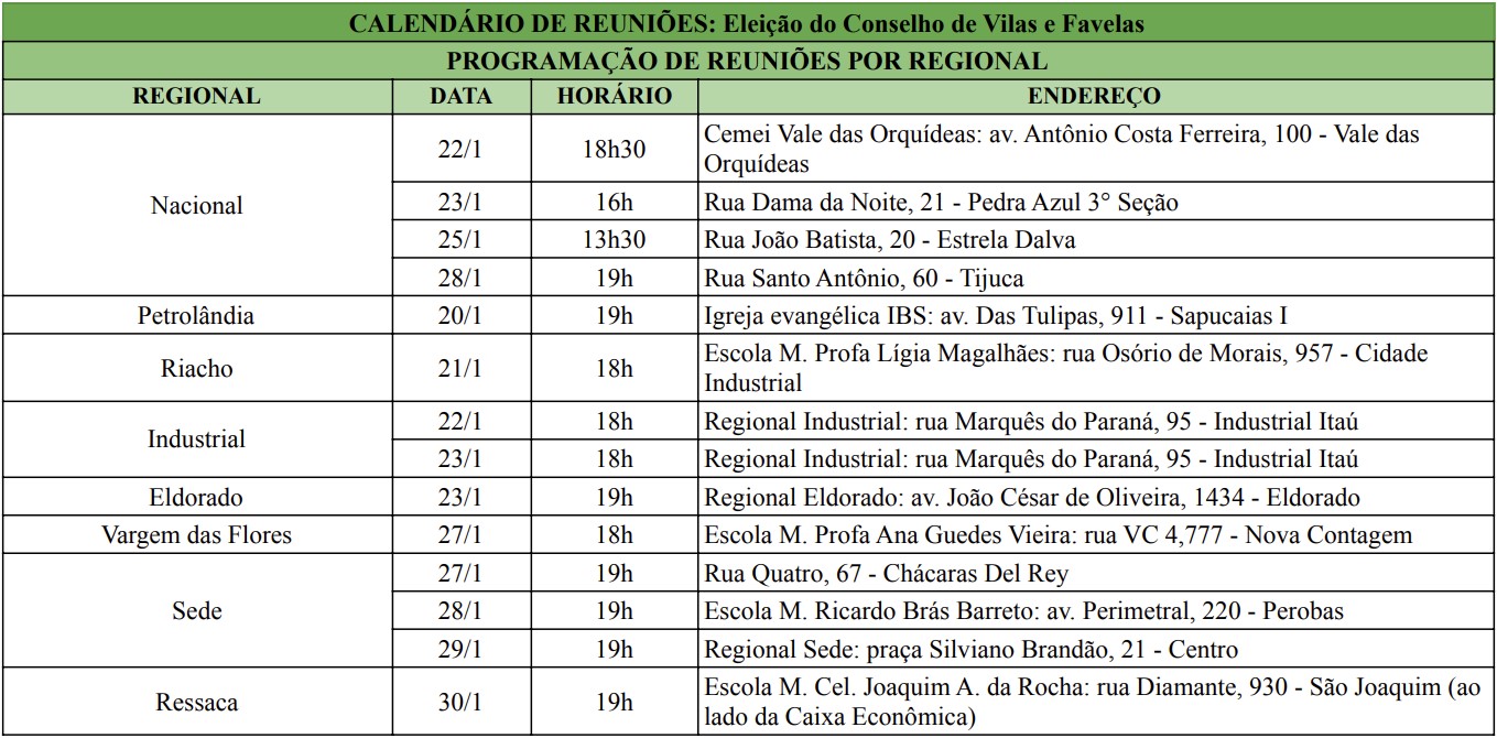 Calendário reuniãoes vilas e favelas